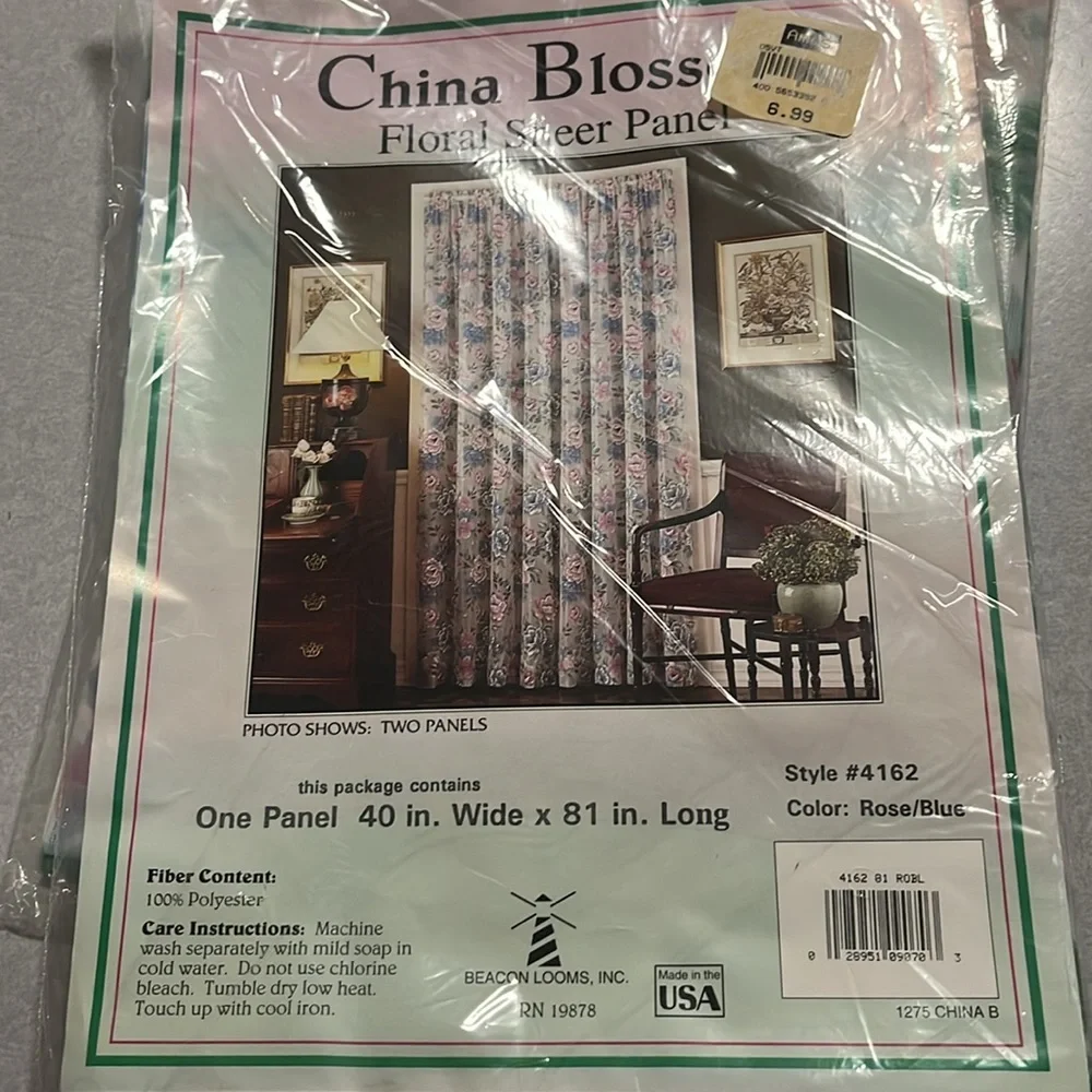 Floral Panel Curtain, Rose & Blue, 2 panels - vintage, NWT, sheers, 40x81, 80s